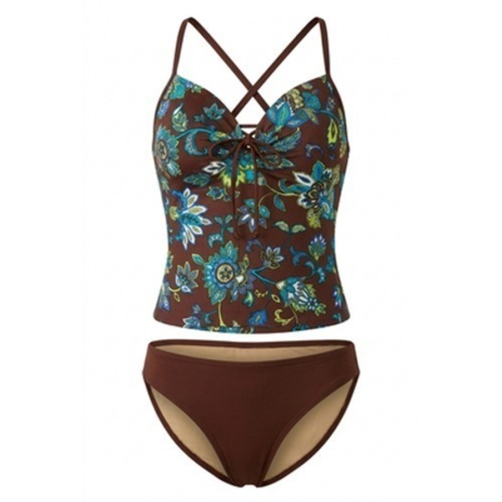 Victoria's Secret Swimsuit 34D Chocolate Brown Floral Tankini Bikini Set Padded
